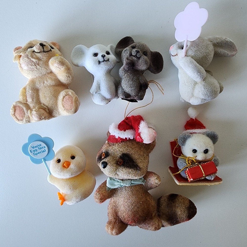 Vintage Flocked Mice Racoon Teddy Bear Chick Rabbit Animals Lot Josef 80s 70s